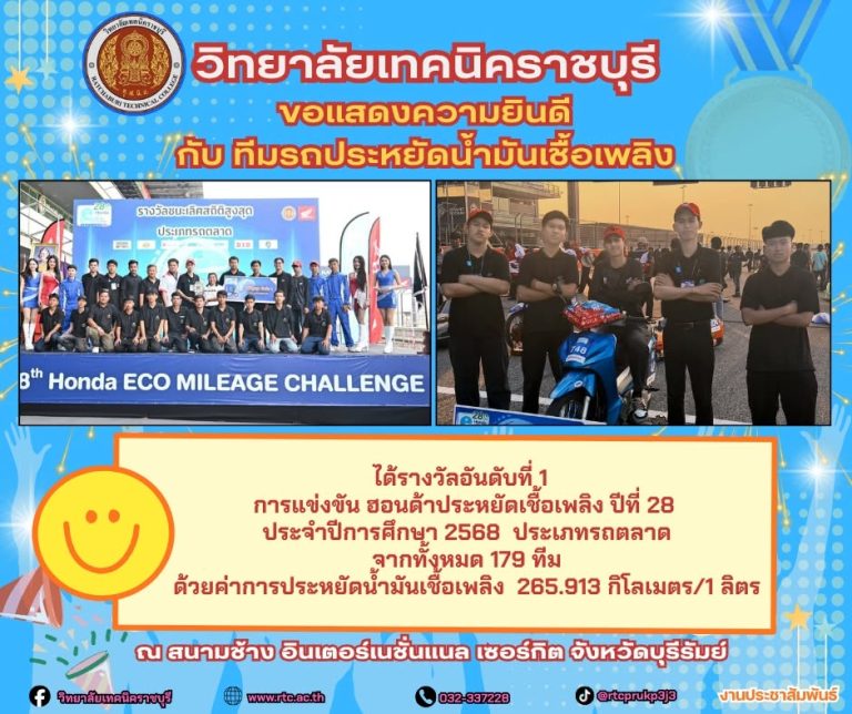 วิทยาลัยเทคนิคราชบุรี ขอแสดงความยินดี กับ ทีมรถประหยัดน้ำมันเชื้อเพลิง การแข่งขัน ฮอนด้าประหยัดเชื้อเพลิง ปีที่ 28  ประจำปีการศึกษา 2568