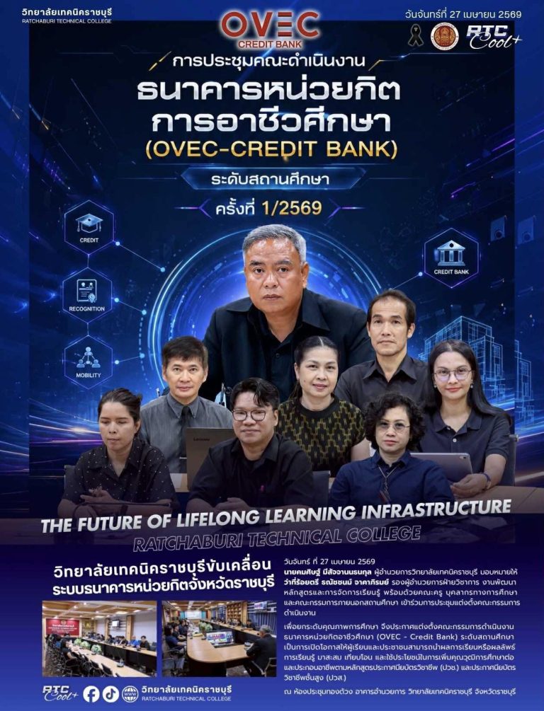 นายคมศิษฐ์ มีสัจจานนธนกุล ผู้อำนวยการวิทยาลัยเทคนิคราชบุรี มอบหมายให้ว่าที่ร้อยตรี ธณัชชนม์ จาคาภิรมย์ รองผู้อำนวยการฝ่ายวิชาการ งานพัฒนาหลักสูตรและการจัดการเรียนรู้ พร้อมด้วยคณะครู บุคลากรทางการศึกษา และคณะกรรมการภายนอกสถานศึกษา เข้าร่วมการประชุมแต่งตั้งคณะกรรมการดำเนินงาน OVEC – Credit Bank