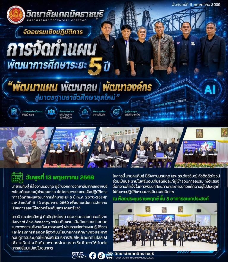 นายคมศิษฐ์ มีสัจจานนธนกุล ผู้อำนวยการวิทยาลัยเทคนิคราชบุรี พร้อมด้วยรองผู้อำนวยการ จัดโครงการอบรมเชิงปฏิบัติการ “การจัดทำแผนพัฒนาการศึกษาระยะ 5 ปี (พ.ศ. 2570–2574)” ระหว่างวันที่ 11–13 พฤษภาคม 2569 เพื่อยกระดับการจัดการเรียนการสอนให้สอดคล้องกับยุทธศาสตร์ชาติ