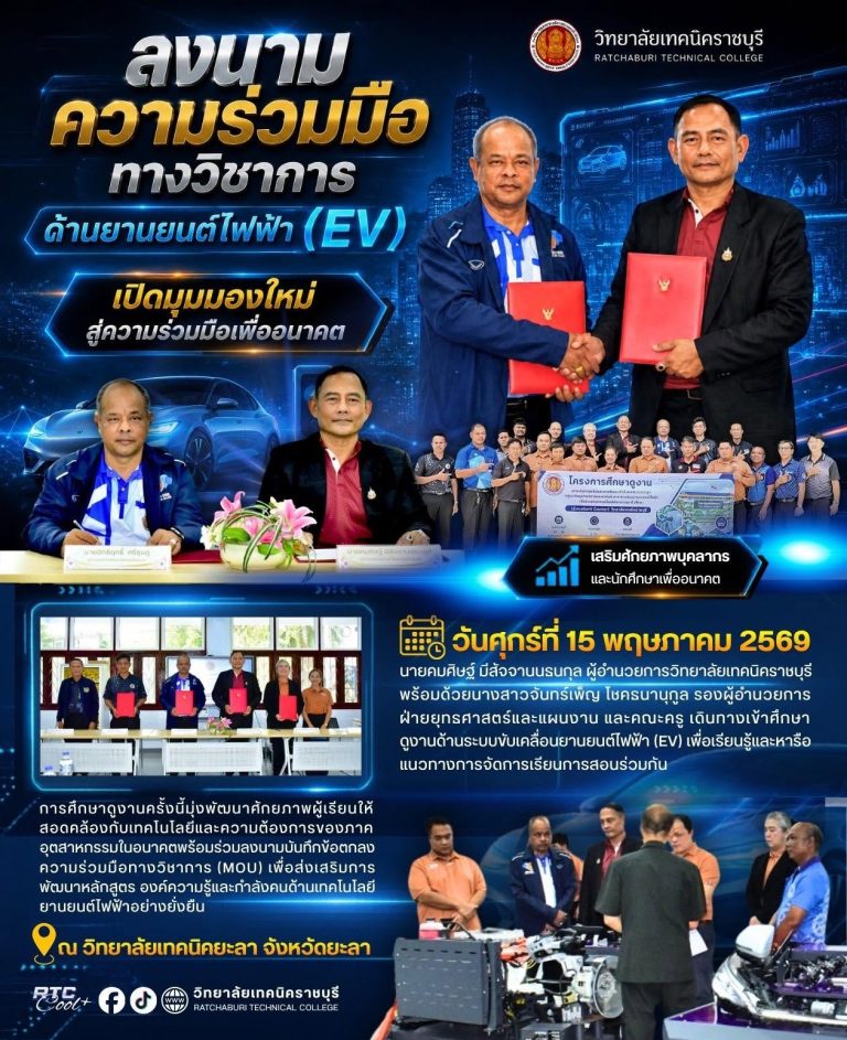 นายคมศิษฐ์ มีสัจจานนธนกุล ผู้อำนวยการวิทยาลัยเทคนิคราชบุรี พร้อมด้วย นางสาวจันทร์เพ็ญ โชคธนานุกูล รองผู้อำนวยการฝ่ายยุทธศาสตร์และแผนงาน และคณะครู เดินทางเข้าศึกษาดูงานด้านระบบขับเคลื่อนยานยนต์ไฟฟ้า (EV) เพื่อเรียนรู้และหารือแนวทางการจัดการเรียนการสอนร่วมกัน